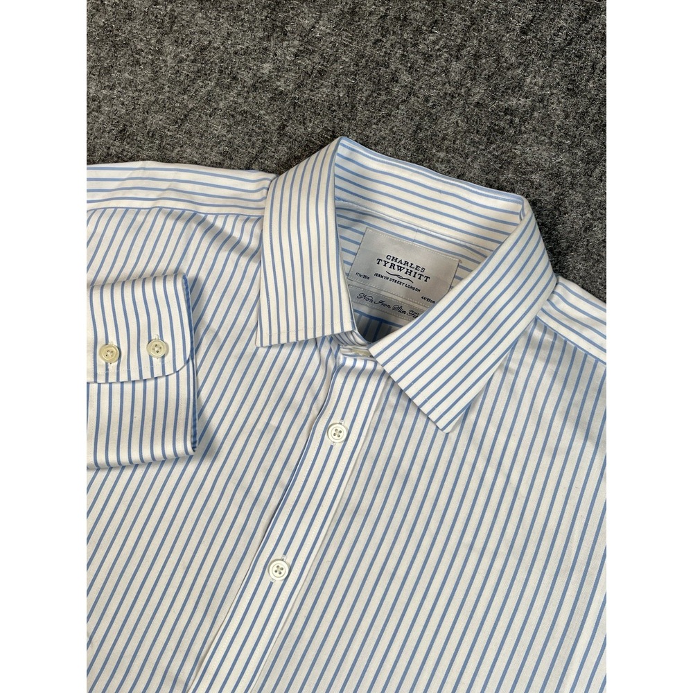 Charles Tyrwhitt Non Iron Slim Fit Blue w White Stripe Cotton Shirt 17.5/35 New